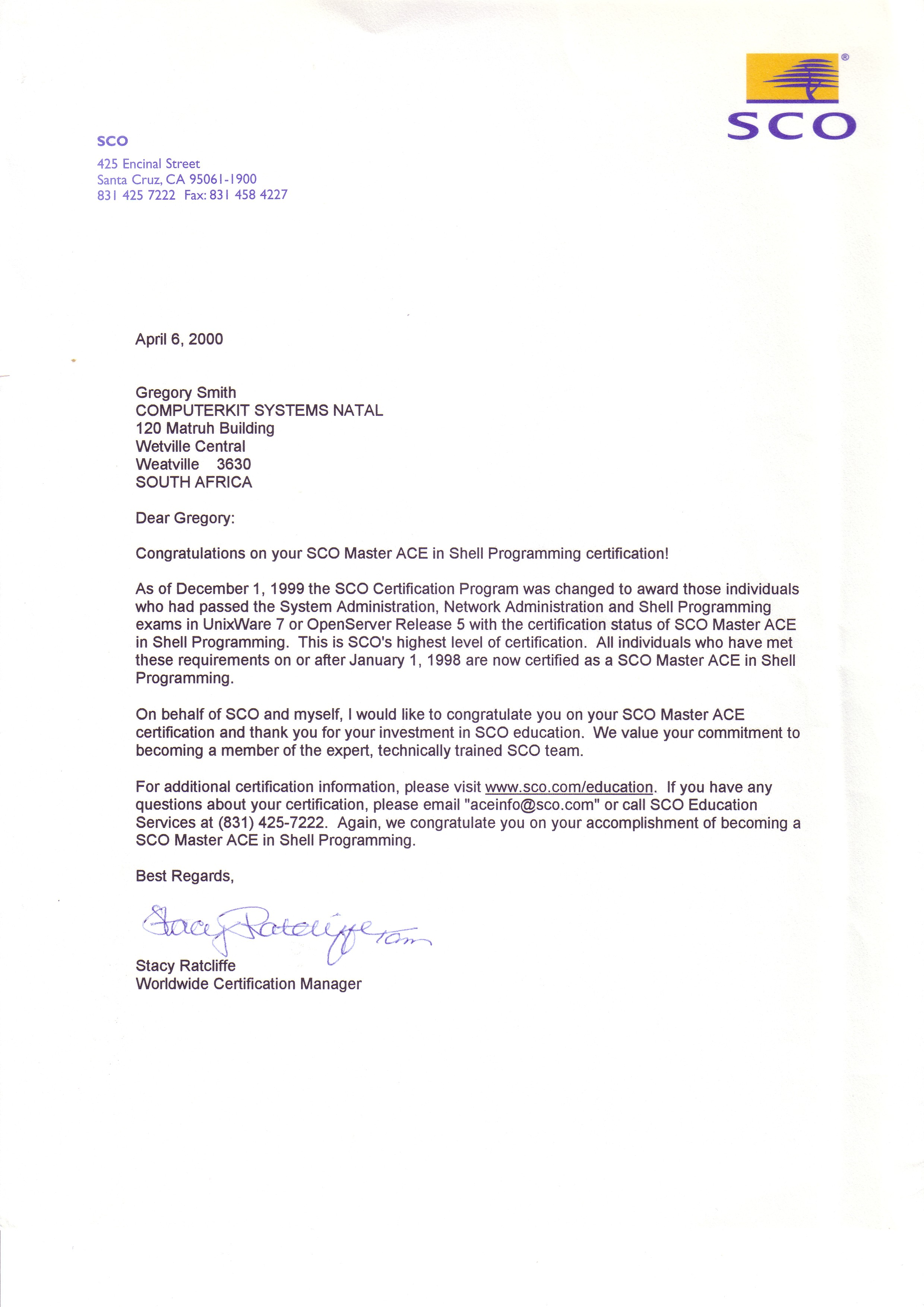 SCO Master ACE Renewal